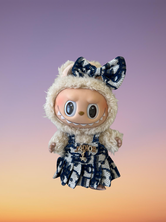 Labubu Dior Inspired Navy & White Tweed Dress Set with Bow
