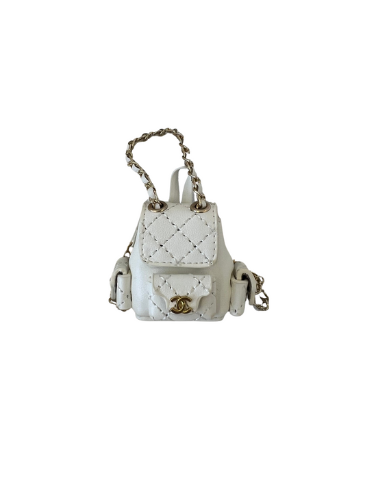 CHANEL Inspired Miniature Luxury Backpack - White Quilted with Gold Accents