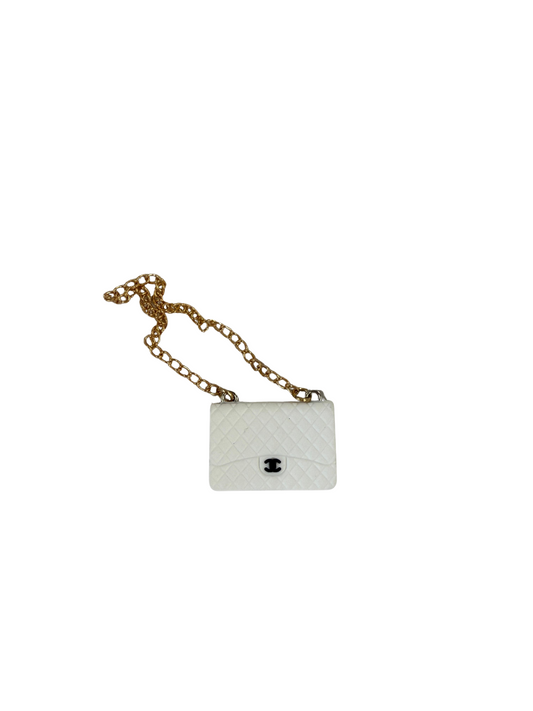 CHANEL Inspired Miniature Luxury Handbag - Classic White Quilted Purse with Gold Chain