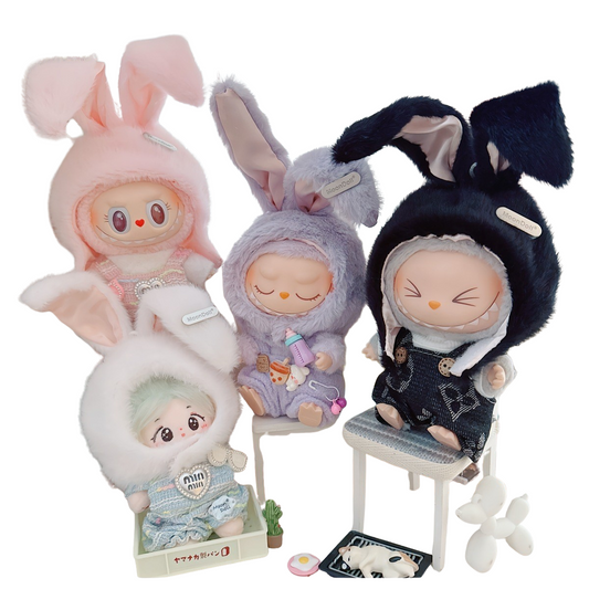 Labubu wearing cozy bunny hat with long ears and fuzzy finish