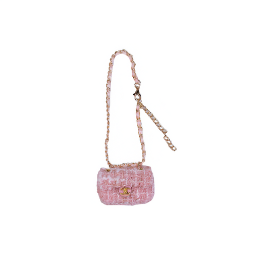 Labubu-sized CHANEL-inspired miniature tweed flap bag pink
